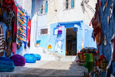 Shopping street in Chefchaouen, Moroccoの写真素材