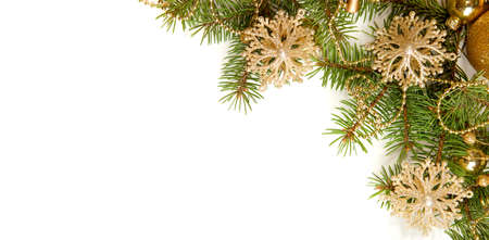 Fir branch with Christmas decorations   isolated on white backgroundの写真素材