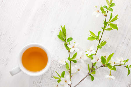 Cup of  tea and  branches of blossoming  cherry   on old  wooden  table.