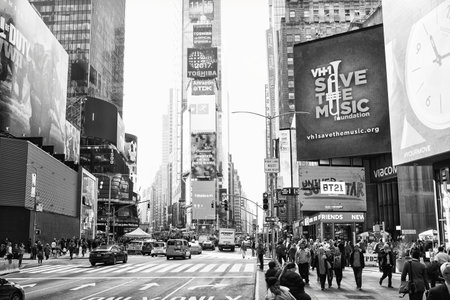 New York City, United States - November 2, 2017: Manhattan's view of 7th Avenue near Time Square.  Black and white.のeditorial素材