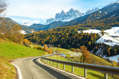 Scenic mountain  road  in late autumn, South Tyrol, Dolomite mountains, northern Italyの写真素材