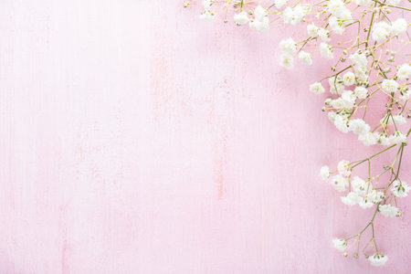 Tiny  white flowers ( Gypsophila) on a light pink shabby wooden background. Top view with copy space. Flat lay. Selective focusの写真素材