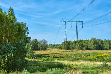 Power line support against the background of a field and forest on a clear sunny dayの写真素材