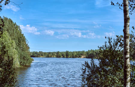 View of Zhmuchka river, beach and forest on a warm clear summer dayの写真素材
