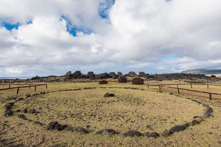 Moai on the ground in the Vaihu site on Easter Islandの写真素材