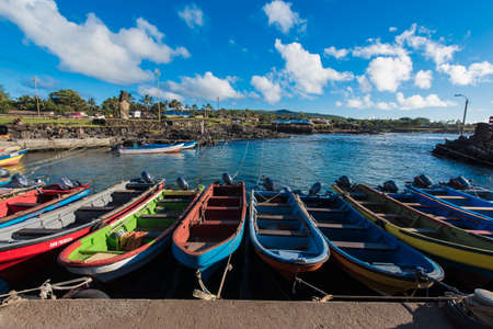 Wooden fishing boats in the natural port of Hanga Roaの写真素材