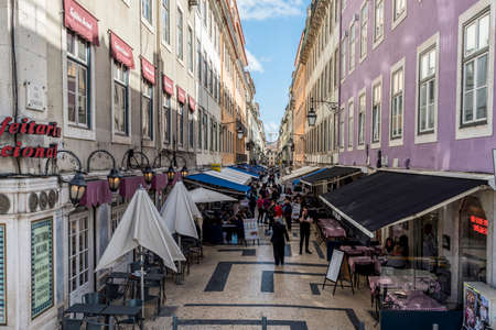 Straight and long street of Lisbon from Figueira square to Comercio squareのeditorial素材