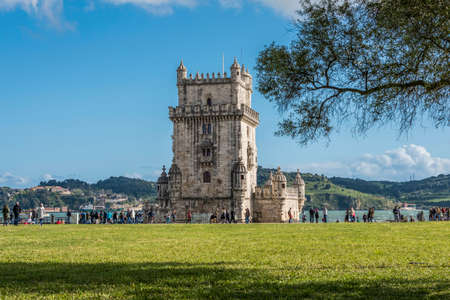 View of the Belem tower from the front gardensのeditorial素材