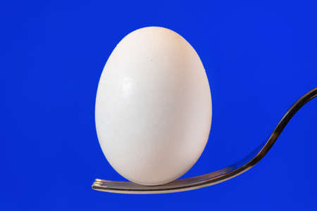 White egg on fork with blue display background