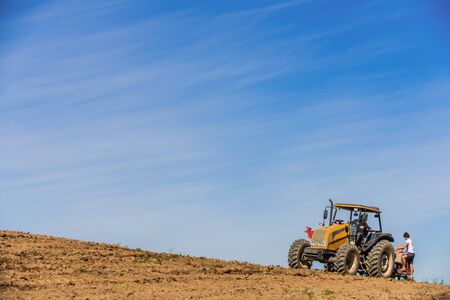 planting corn on a small farmの写真素材