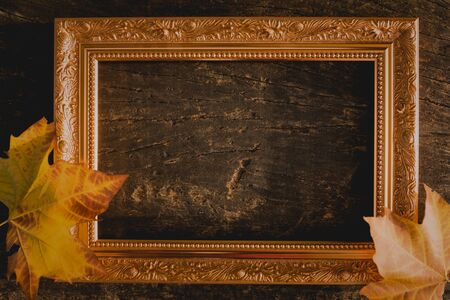 dried autumn leaves on aged wooden background with writing spacedentro of classic wooden frameの写真素材