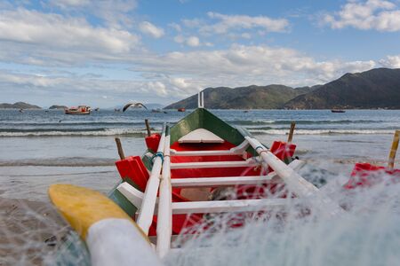 moored fishing boats, at the bottom of the sea with more boats, Florianopolis, Brazil.