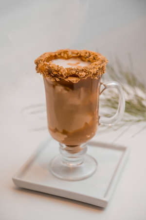 special coffee cup with cream and spices on light background, selective focusの写真素材