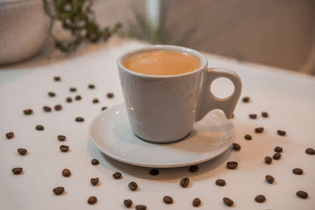 chocolate cake with dark chocolate shavings on top, in white plate, cup with coffee in the background, on a wooden table selective focusの写真素材