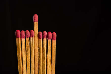 one in the crowd concept of matchstick with flames, with the idea of distance, prominence, dedication and humility, copy spaceの写真素材
