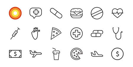 Simple Set of Medicine, Pills Related Vector Line Icons. Contains icons such as Pain, pizza, money,...