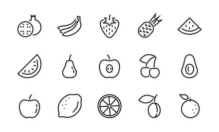 Fruit Icon Set, Vector lines, Contains icons such as apple, banana, cherry, lemon, watermelon Avocado Editable strokeのイラスト素材