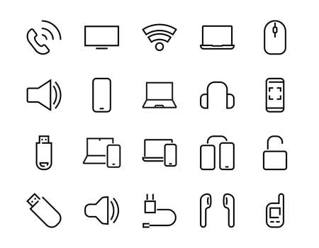 A set of smart devices and gadgets, computer hardware and electronics. Electronic devices icons for web and mobile vector lines. computer, telephone. Editable stroke. 48x48 pixels.のイラスト素材
