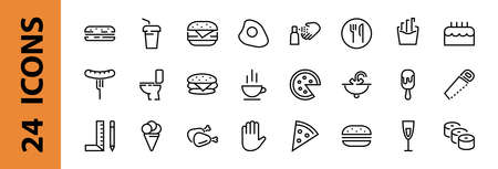 A simple set of fast food icons related to the vector line. Contains icons such as pizza, burger, sushi, bike, scrambled eggs and more. EDITABLE stroke. 480x480 pixels perfect, EPS 10.のイラスト素材