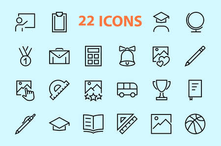 A simple set of school items. Contains icons such as student, award, geography, physical education, geometry and more. On white background. Editable stroke. 480x480.のイラスト素材
