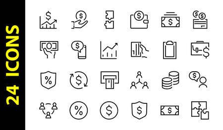 Set of business vector line icons. It contains user symbols, dollar pictograms, gears, briefcase, puzzles, envelope, percentage, messages, schedule, and more. Editable Bar 460x460 pixelsのイラスト素材