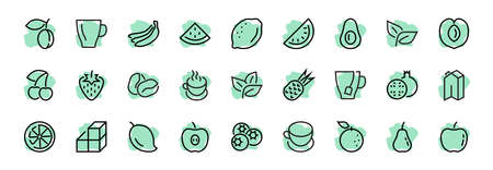 Fruit Icon Set, Vector lines, Contains icons such as apple, banana, cherry, lemon, watermelon, Avocado Editable stroke, 48x48 pixels, White background, eps 10.のイラスト素材
