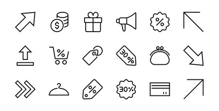 Black Friday Icon Set contains discount packages, promotions, shopping cart, big discounts, shopping cart and more. Editable stroke, vector icons.のイラスト素材