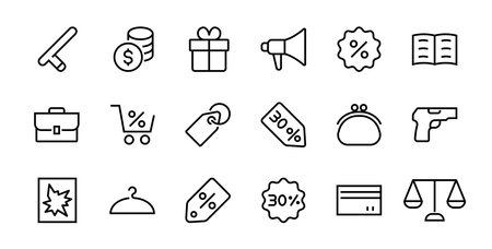 Black Friday Icon Set contains discount packages, promotions, shopping cart, big discounts, shopping cart and more. Editable stroke, vector icons.のイラスト素材