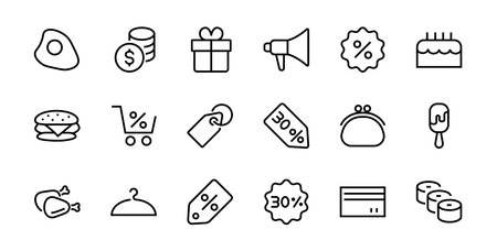 Black Friday Icon Set contains discount packages, promotions, shopping cart, big discounts, shopping cart and more. Editable stroke, vector icons.のイラスト素材