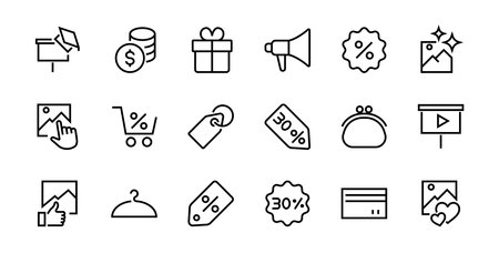 Black Friday Icon Set contains discount packages, promotions, shopping cart, big discounts, shopping cart and more. Editable stroke, vector icons.のイラスト素材