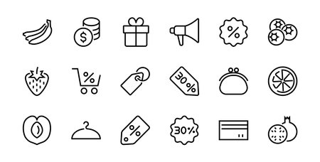 Black Friday Icon Set contains discount packages, promotions, shopping cart, big discounts, shopping cart and more. Editable stroke, vector icons.のイラスト素材