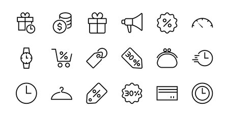 Black Friday Icon Set contains discount packages, promotions, shopping cart, big discounts, shopping cart and more. Editable stroke, vector icons.のイラスト素材