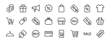Black Friday Icon Set contains icons of Promotions, Discounts Shopping, Shopping Cart. Editable stroke. Vector Symbols, Linear.のイラスト素材