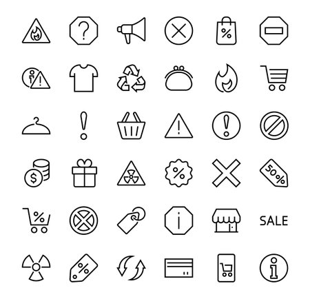 WARNINGS simple set of thin line vector icons. Contains icons such as warning, exclamation mark, reuse, warning sign and more. Editable stroke. Vector illustration.のイラスト素材