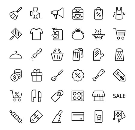 KITCHEN ICON Cooking process, Kitchen tools, Icon set, thin line vector has a blender, oven, knife, grater, barbecue, apron, barbecue, grill, coffee machine, kitchen glove, Editable stroke.のイラスト素材