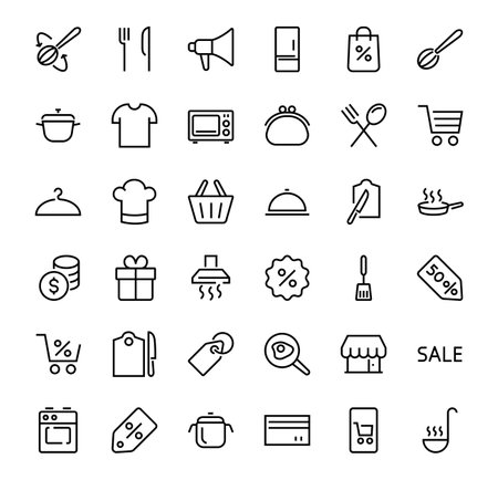 Set of cooking and kitchen icons, Vector lines, contains icons such as frying pan, frying, microwave, fork with spoon, Editable stroke, perfect 480x480 pixels, white backgroundのイラスト素材