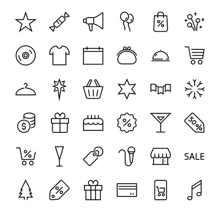 Simple set of celebration icons related to vector line. Contains icons such as music, new year, stars, balls, cake, karaoke, dj and much more. Editable stroke. 480x480.のイラスト素材