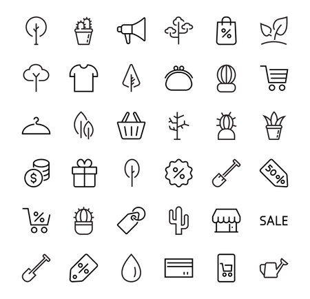 A set of Rosteniya Icons, and garden care, Vector illustration, Contains Icons such as tree, cactus, watering can, spade, flower and much more. on a white background, editable bar 480x480.のイラスト素材