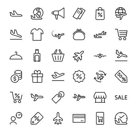 A simple set of airport related vector line icons. Contains badges such as departure, boarding, waiting time, boarding, find a place to travel tickets, and much more. Editable stroke. 48x48 pixels.のイラスト素材