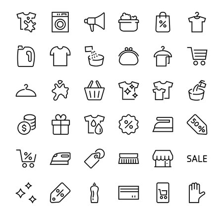 Simple set of washing related vector line Icons. Contains icons such as washing machine, powder, laundry, dirty t-shirt and much more. On a white background, editable stroke. 48x48 pixels perfect.のイラスト素材