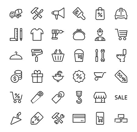 Set of construction icons, simple vector lines, contains the following icons: builder, roller, hammer with wrench, toilet bowl and much more. Editable stroke. 48x48 pixels perfect, white background.のイラスト素材