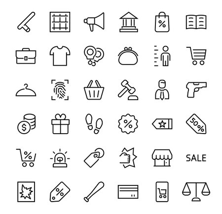 Court, Law and Justice Icon Set contains such icons as Law, Police, Prison, Handcuffs, Pistol, Editable stroke. Modern subtle symbols.のイラスト素材