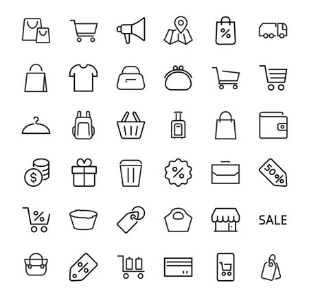 A simple set of bags, shopping and travel icons. Vector illustration Contains icons such as Card, wallet, shopping basket, discount, bowl, package. On a white background, editable stroke.のイラスト素材