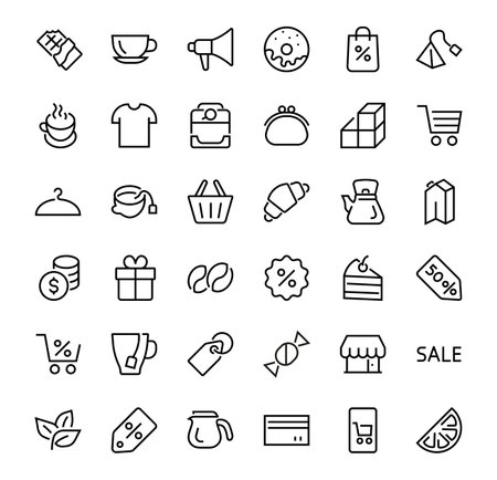 COFFEE and TEA LINEAR ICONS SET, contains Icons of tea, tea bag, Coffee machine, cake, sugar, teapot, cup, milk, cream, Lemon, chocolate bar, LINEAR ICONS Editable strokeのイラスト素材