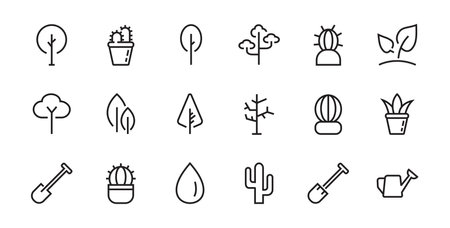 A set of Rosteniya Icons, and garden care, Vector illustration, Contains Icons such as tree, cactus, watering can, spade, flower and much more. on a white background, editable bar 480x480.のイラスト素材