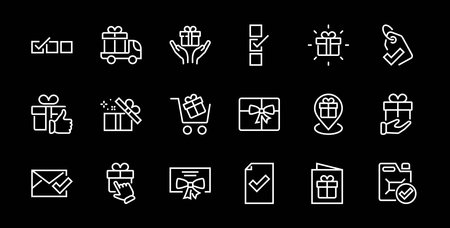 Gift Linear Icon Set contains gift box, gift purchase and delivery, geolocation mobile app, gift notification, SMS. Editable barcode, vector icons.のイラスト素材