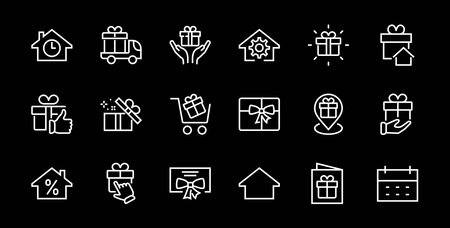 Gift Linear Icon Set contains gift box, gift purchase and delivery, geolocation mobile app, gift notification, SMS. Editable barcode, vector icons.のイラスト素材