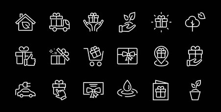 Gift Linear Icon Set contains gift box, gift purchase and delivery, geolocation mobile app, gift notification, SMS. Editable barcode, vector icons.のイラスト素材