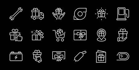 Gift Linear Icon Set contains gift box, gift purchase and delivery, geolocation mobile app, gift notification, SMS. Editable barcode, vector icons.のイラスト素材