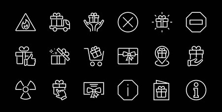 Gift Linear Icon Set contains gift box, gift purchase and delivery, geolocation mobile app, gift notification, SMS. Editable barcode, vector icons.のイラスト素材